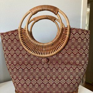 Burgundy & Gold Fabric / wicker bag